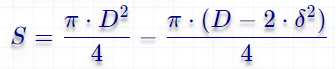 Площадь полого цилиндра по толщине стенки и наружному диаметру, формула