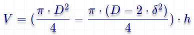 Объём полого цилиндра по толщине стенки и наружному диаметру, формула